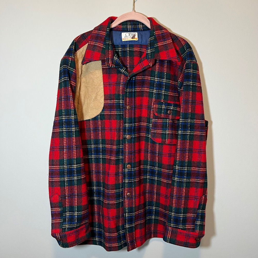 Lobo by Pendleton Men's XL Red Plaid Wool Hunting Shirt Suede Shooter Patch